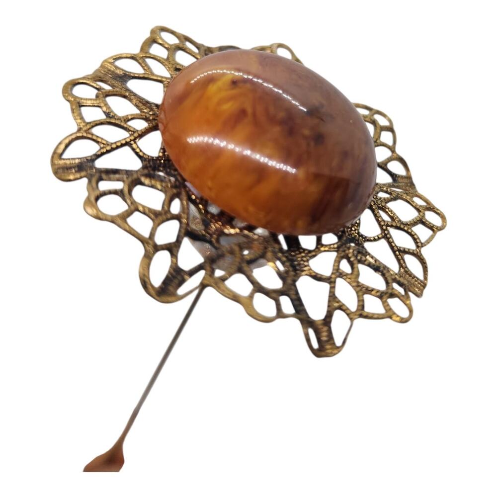 Vintage Lucite Hat Pin Brown Cabochon Filigree Art Glass Bead Long Estate Ornate